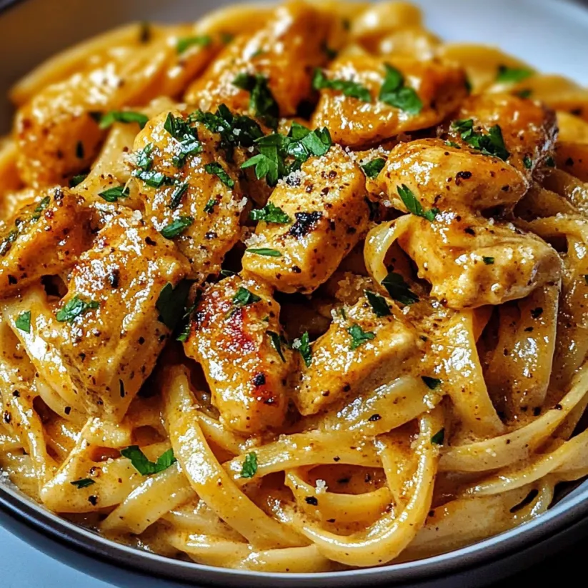 A bowl of pasta with chicken and herbs.