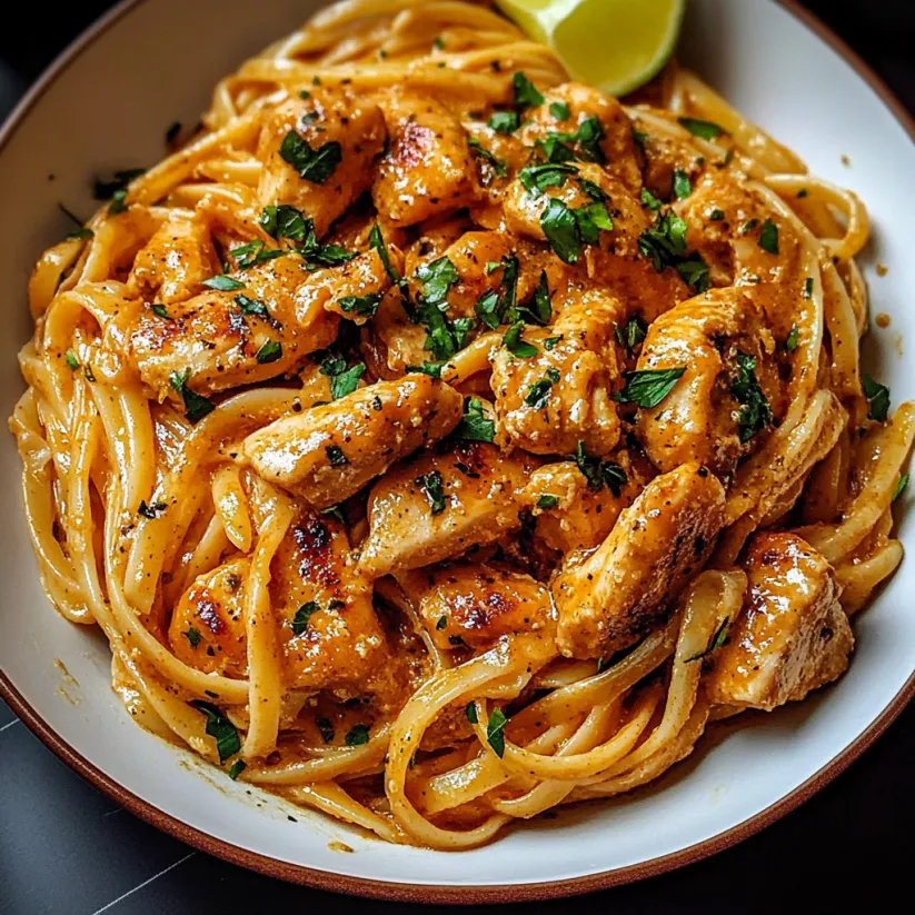 A bowl of pasta with chicken and herbs.