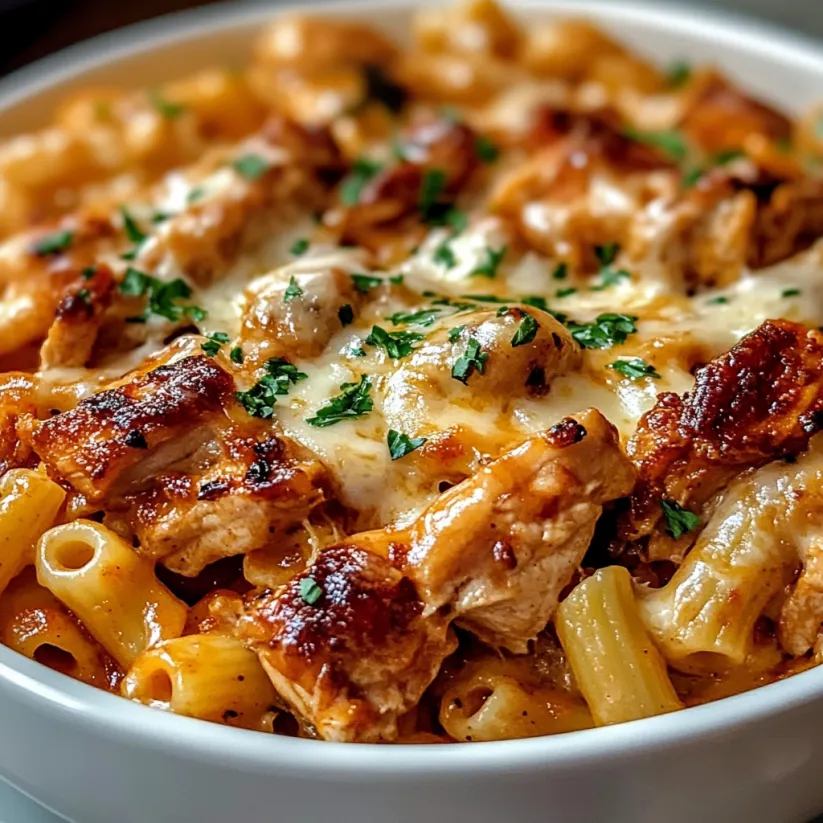 A bowl of BBQ chicken mac and cheese.