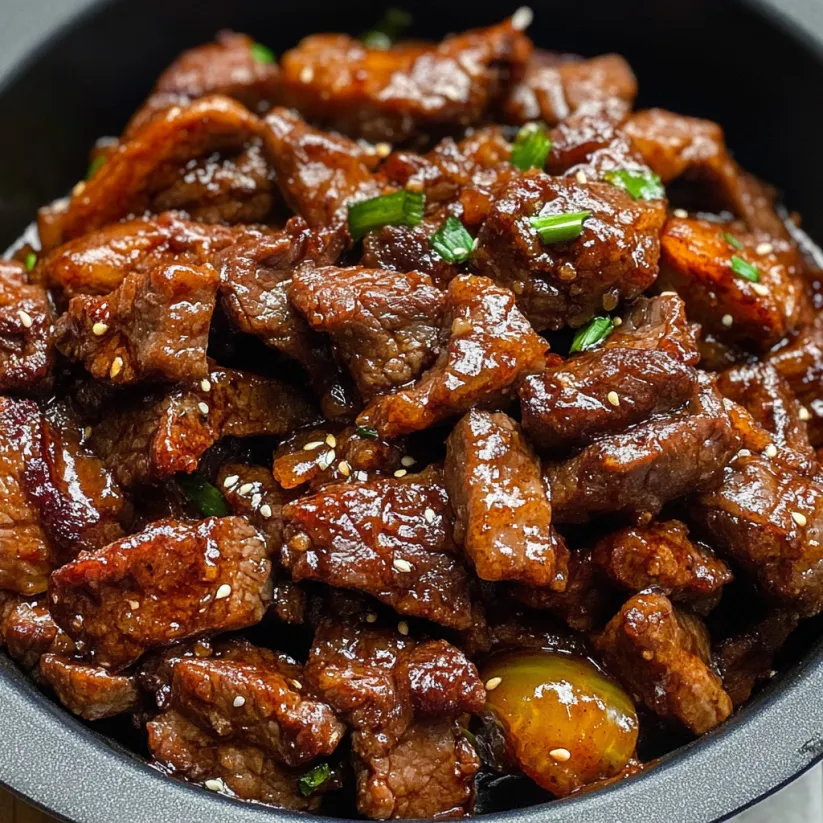 A bowl of beef with garnish.
