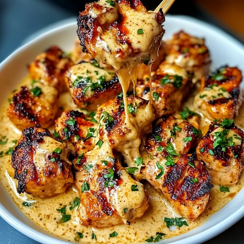 A bowl of grilled chicken bites with creamy garlic sauce.