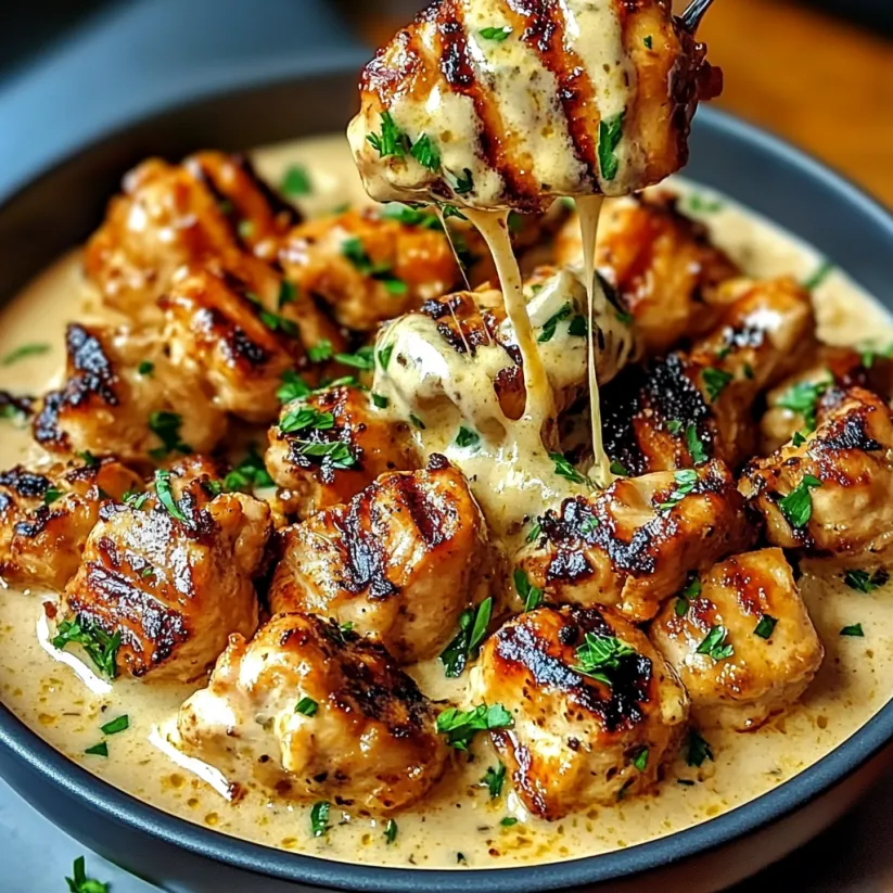 Grilled chicken bites with creamy garlic sauce.