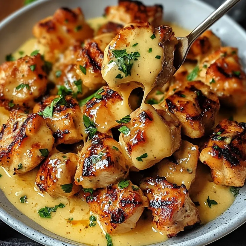 A bowl of grilled chicken bites with creamy garlic sauce.