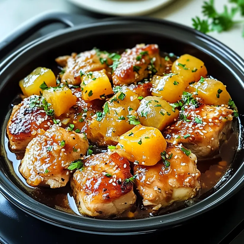 A bowl of chicken with a sauce and garnish.