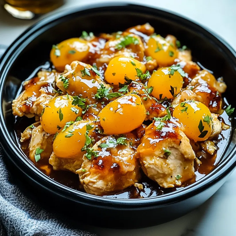 A bowl of chicken with a sauce and a garnish of pineapple.