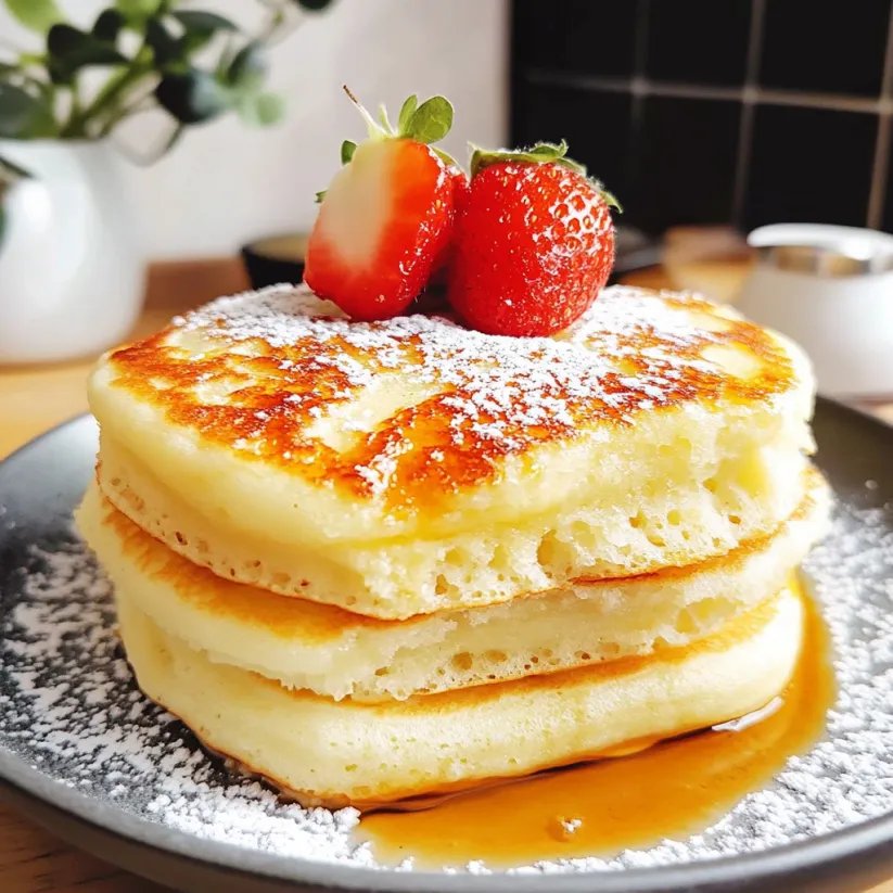 Fluffy Japanese souffle pancakes on a plate.