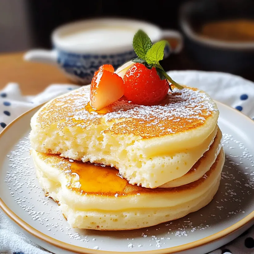 Fluffy Japanese souffle pancakes on a plate.