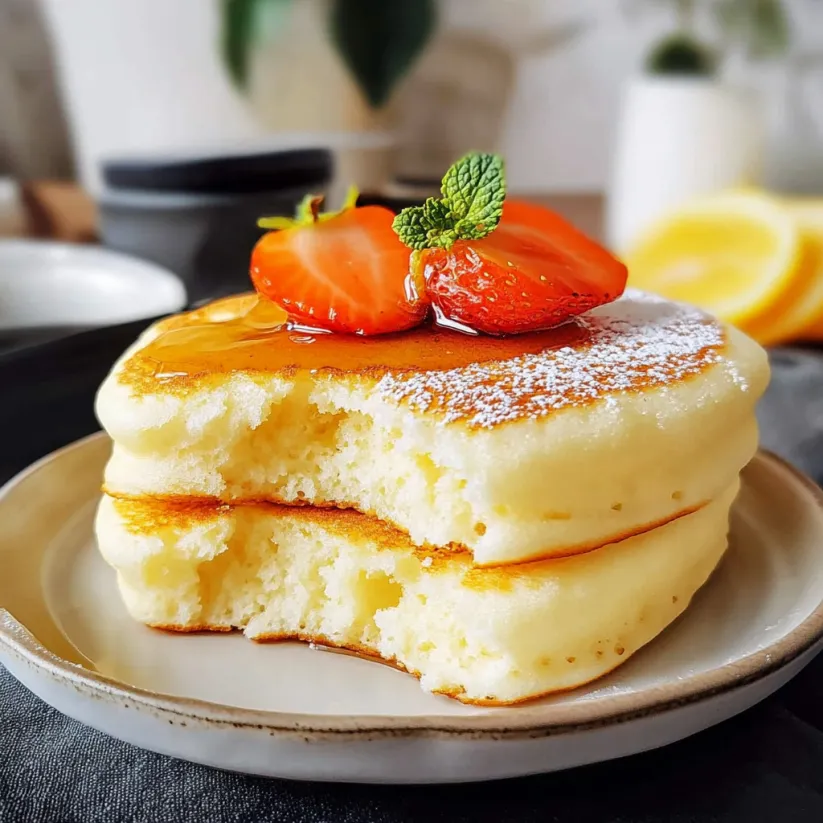A stack of fluffy Japanese soufflé pancakes.