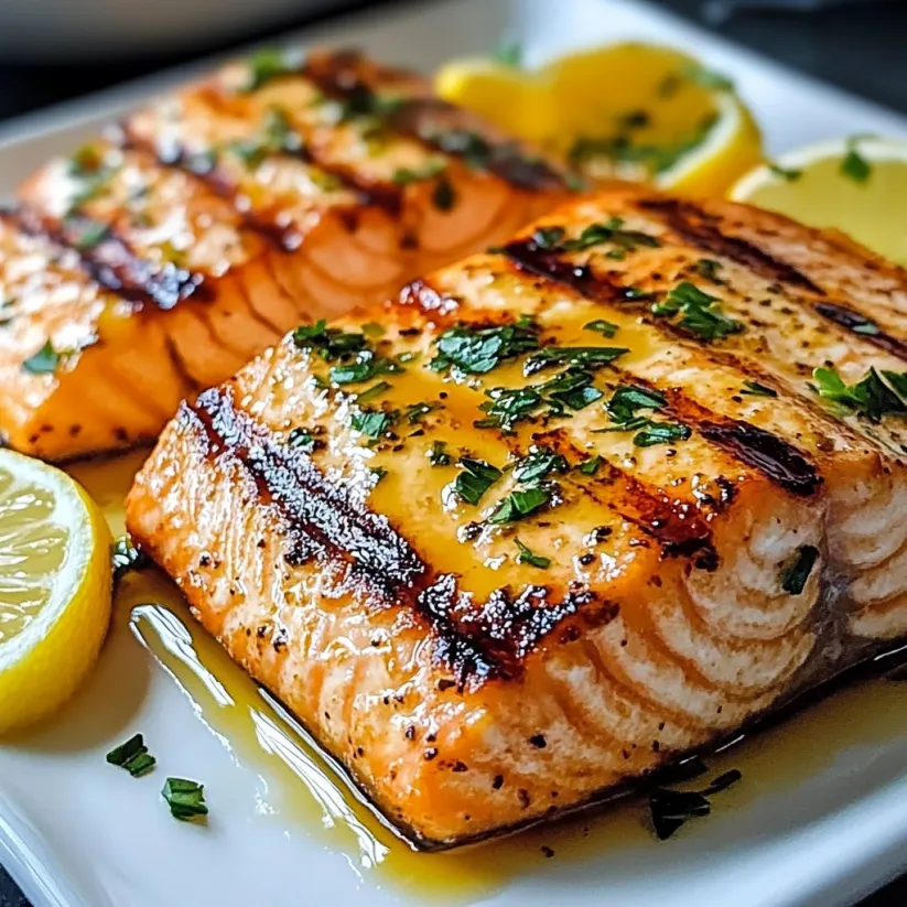 A plate of grilled salmon with lemon wedges on top.