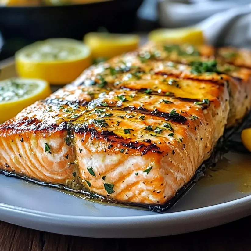 A grilled salmon with seasoning on a plate.