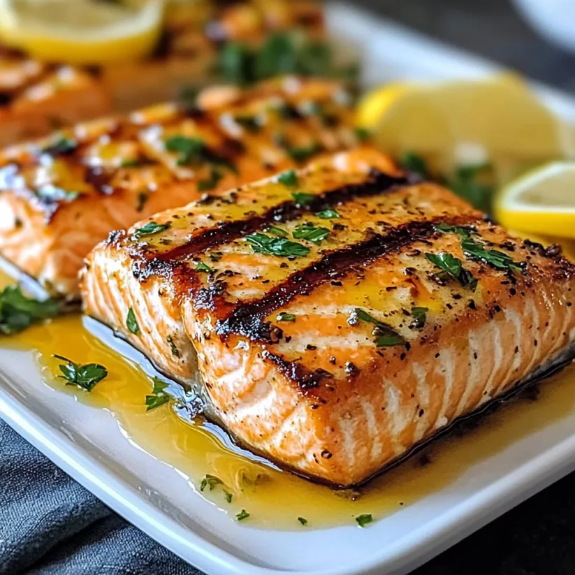 A plate of grilled salmon with lemon wedges on top.
