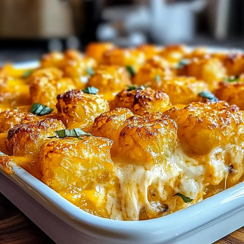 A dish of tater tots with cheese and sauce.