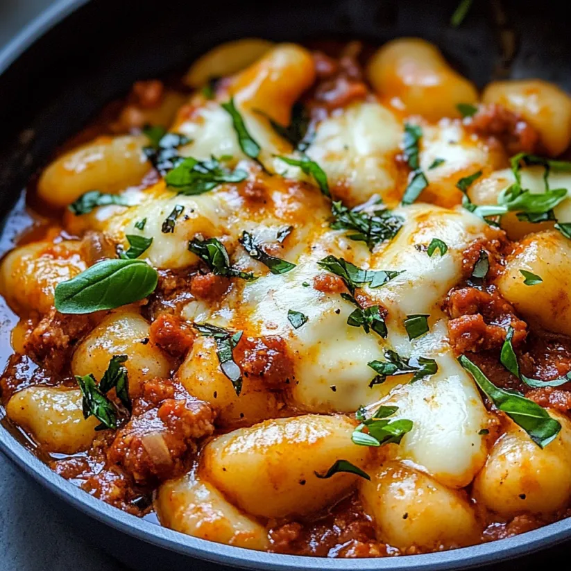 A bowl of chorizo gnocchi with mozzarella.