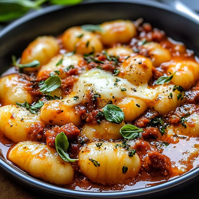 A bowl of chorizo gnocchi with mozzarella.