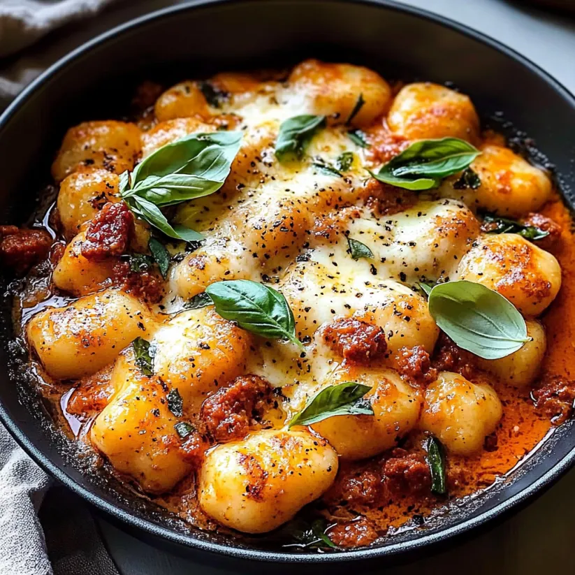 A bowl of gnocchi with chorizo and mozzarella cheese.