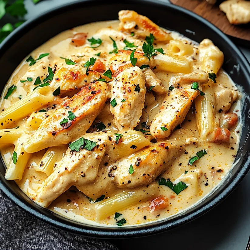 A bowl of chicken and pasta.