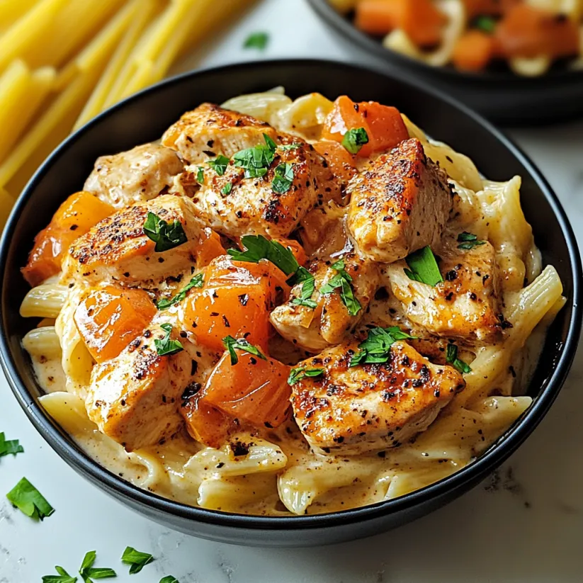 A bowl of chicken and pasta.