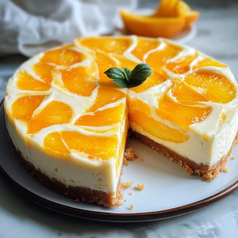 A slice of a no-bake pineapple orange swirl cheesecake.