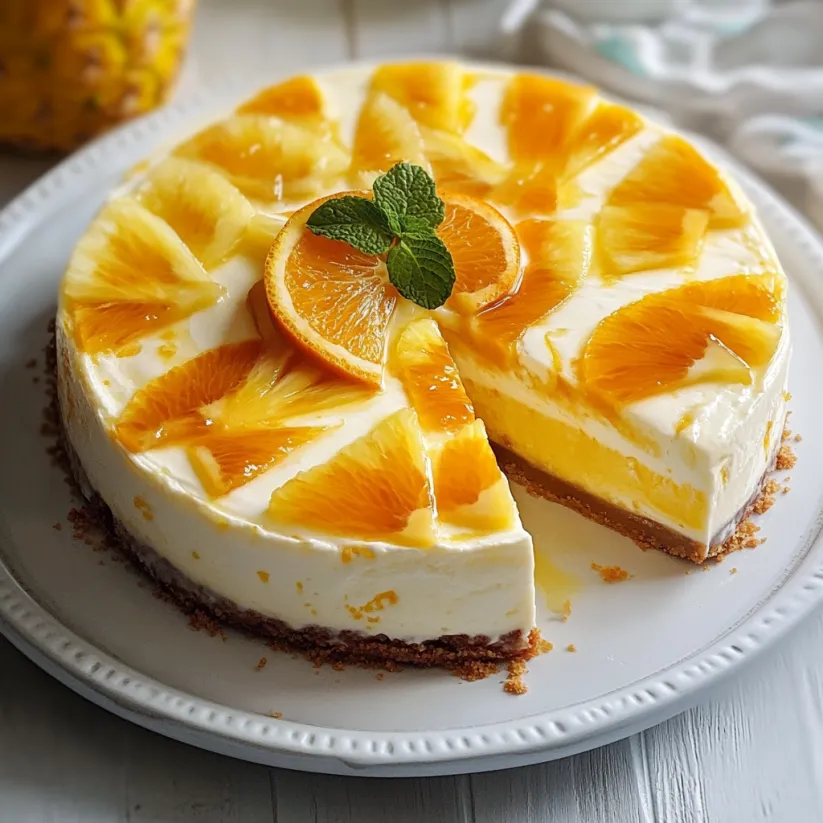 A slice of a no-bake pineapple orange swirl cheesecake.