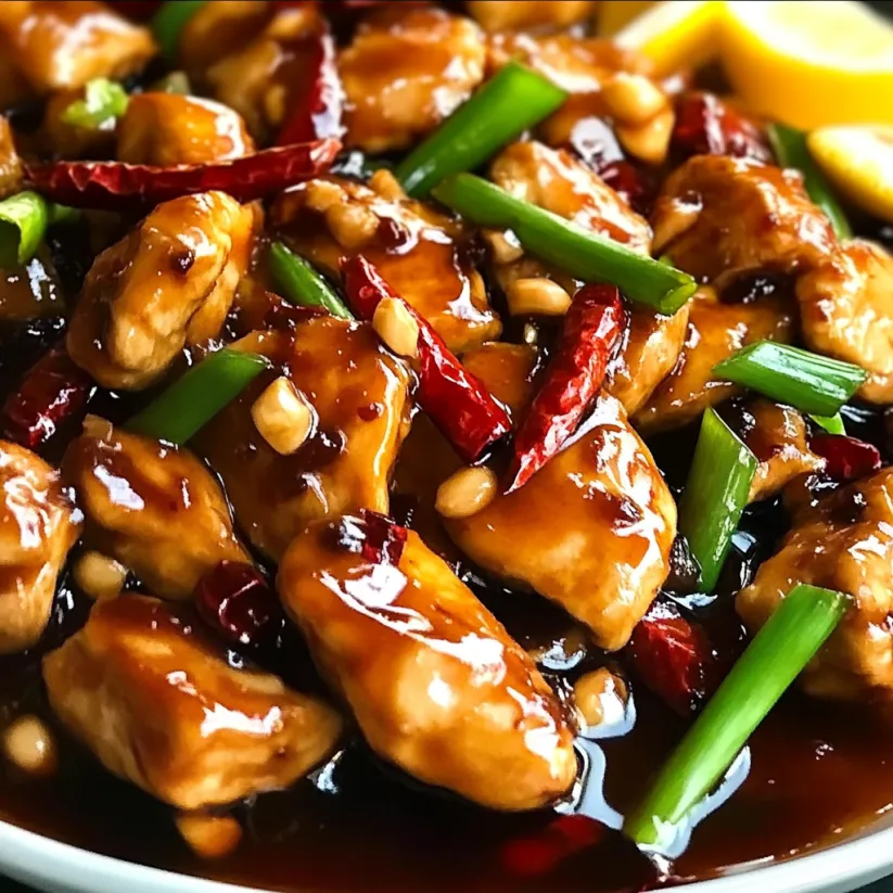 A plate of Kung Pao Chicken with peppers and green onions.