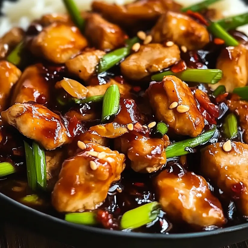 A plate of Kung Pao Chicken with rice.