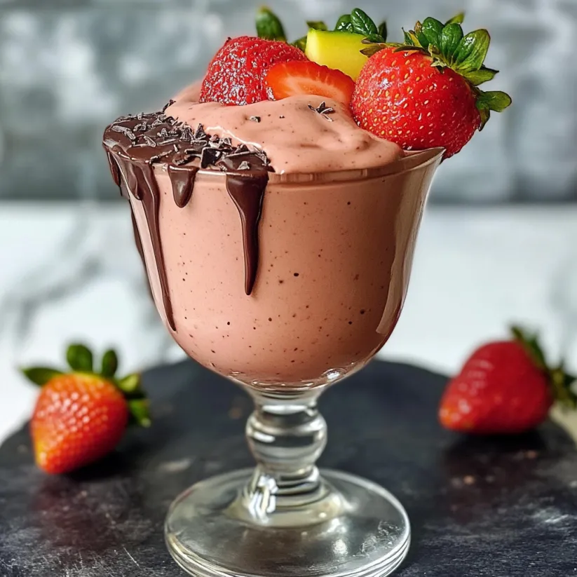 A glass of chocolate covered strawberry smoothie.