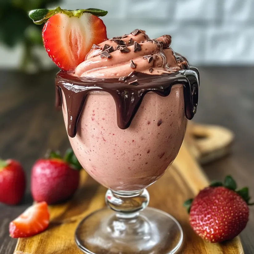 A glass of chocolate covered strawberry smoothie.