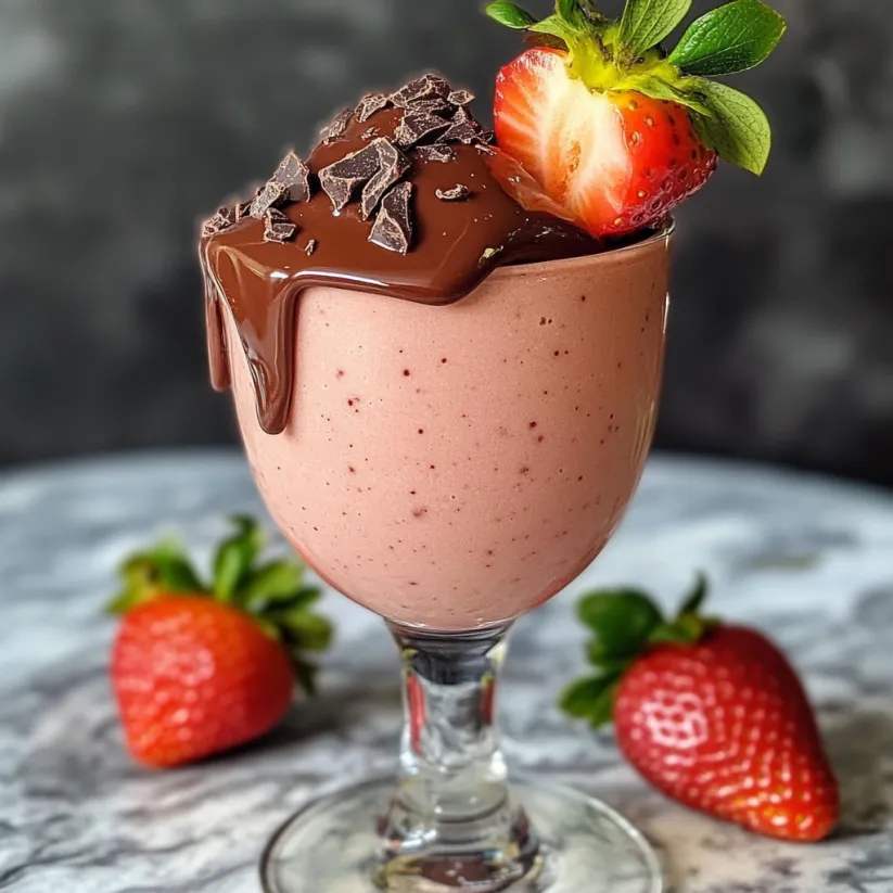 A glass of chocolate covered strawberry smoothie.