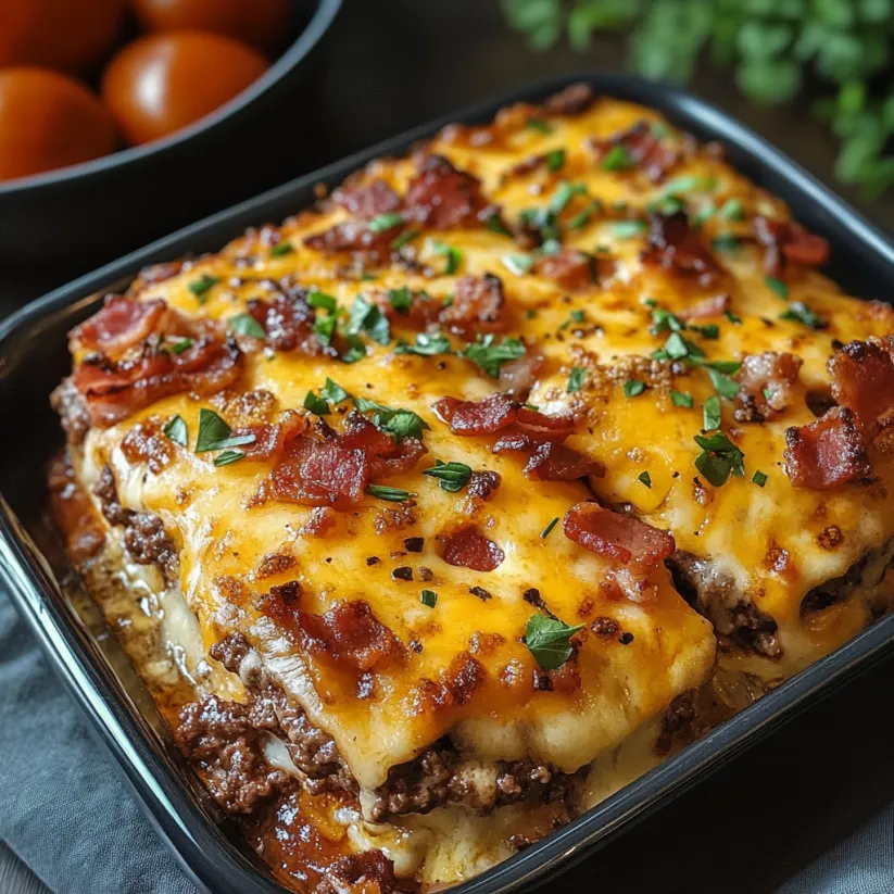 A low-carb bacon cheeseburger casserole in a black dish.