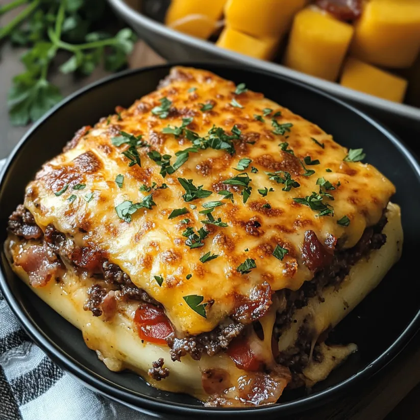 A close up of a low-carb bacon cheeseburger casserole.