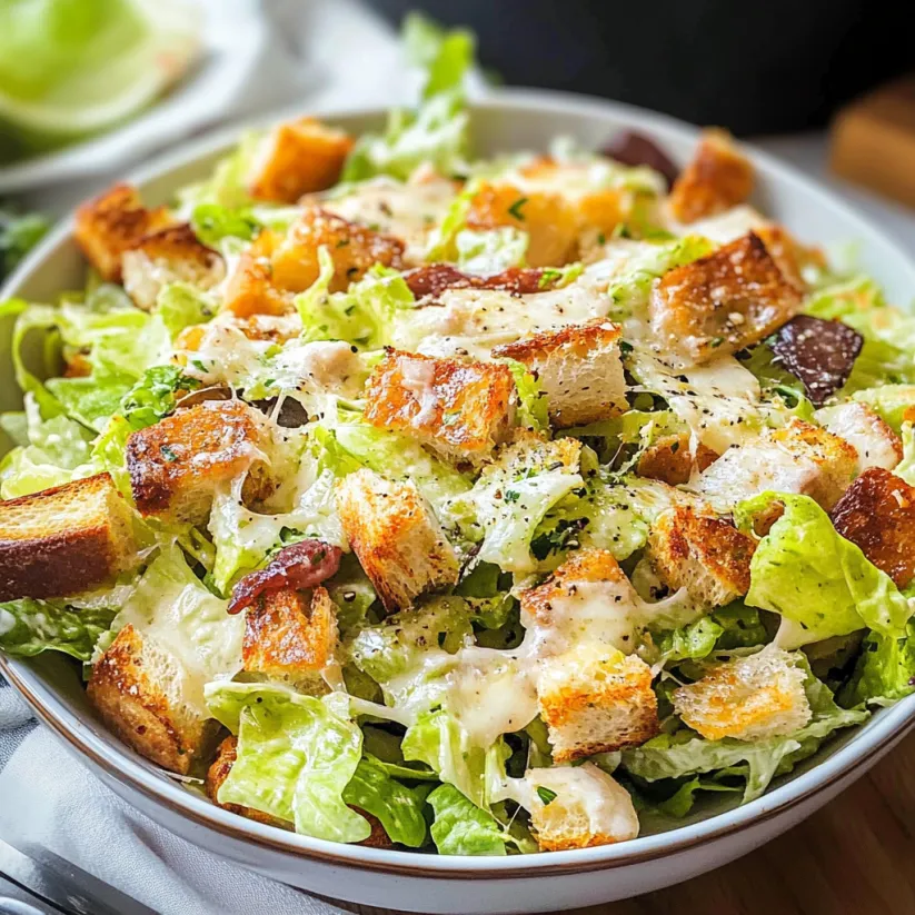 A bowl of salad with croutons and cheese.
