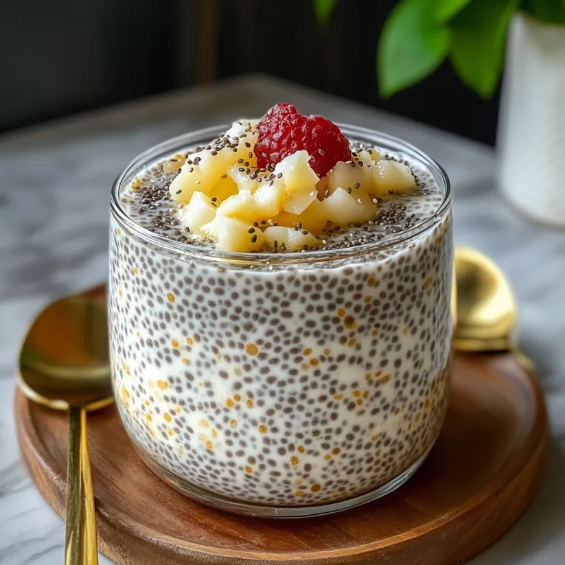 A glass of chia pudding with a spoon in it.