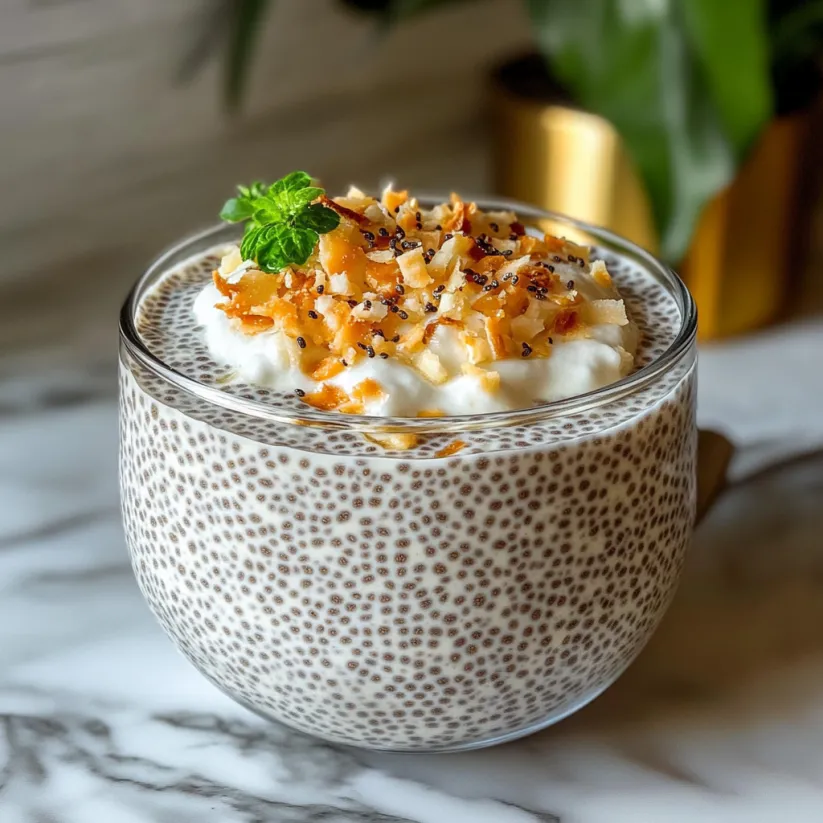 A bowl of coconut chia pudding with a mint garnish.
