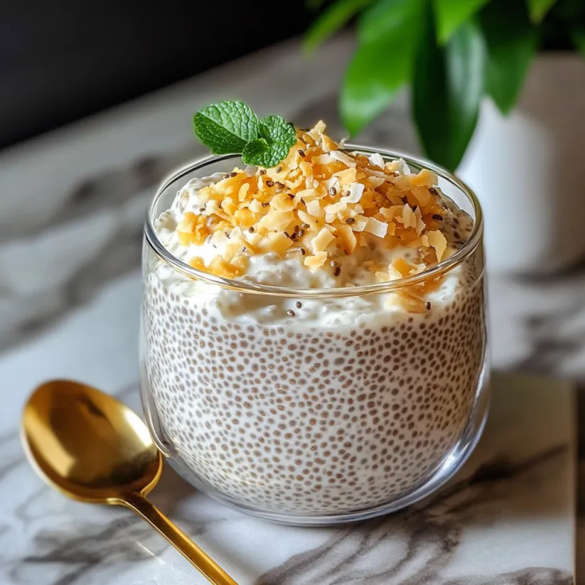 A glass of coconut chia pudding with a spoon in it.