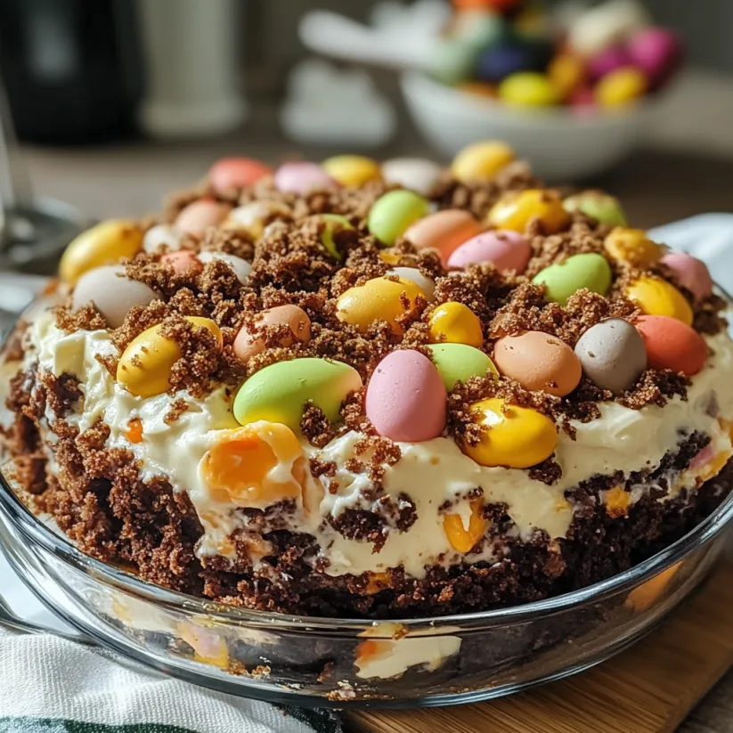 A cake with chocolate and white frosting and colorful candies on top.