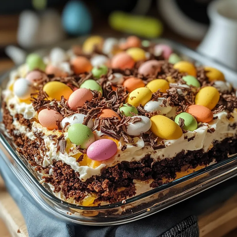 A cake with chocolate, marshmallows, and candy.