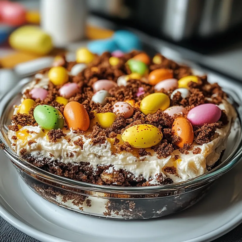 A cake with chocolate and yellow frosting and candy on top.