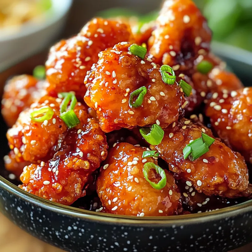 A bowl of sweet and spicy Korean fried chicken.