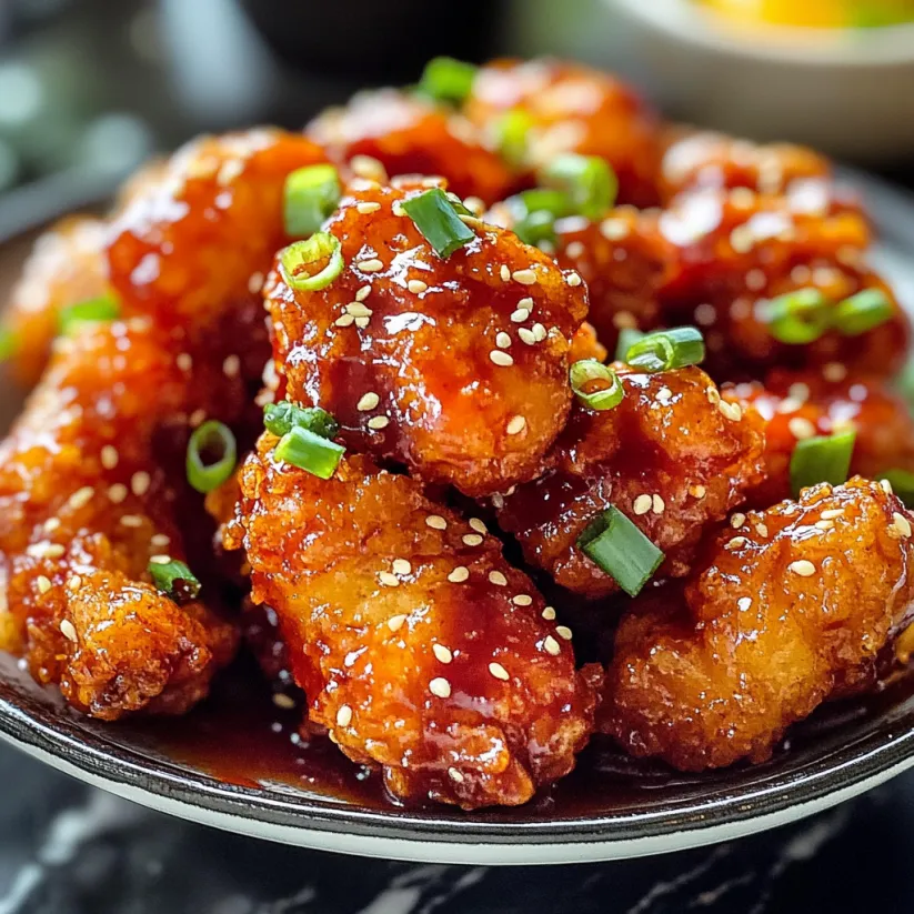 A plate of sweet and spicy Korean fried chicken.