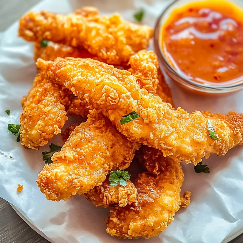 A plate of fried chicken fingers with a dipping sauce.