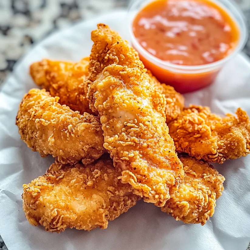 A plate of chicken fingers with a side of ketchup.