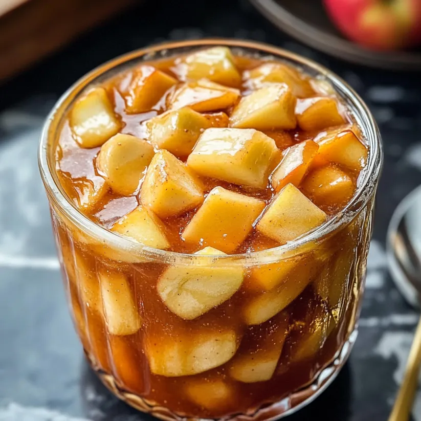 A glass of apple pie filling.