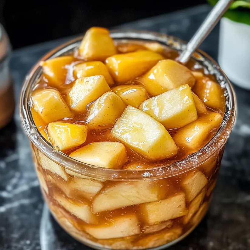 A glass of apple pie filling.