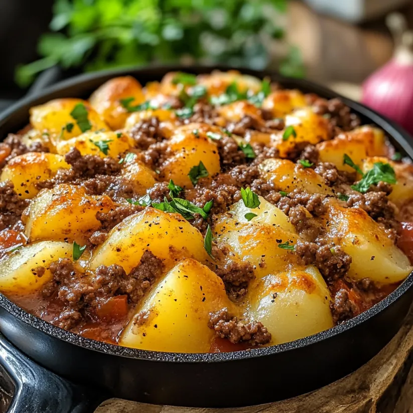 A pan of ground beef and potatoes.