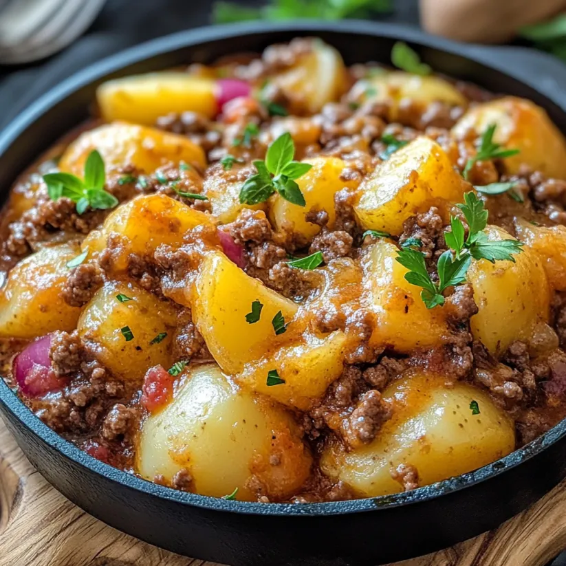 A bowl of ground beef and potatoes.