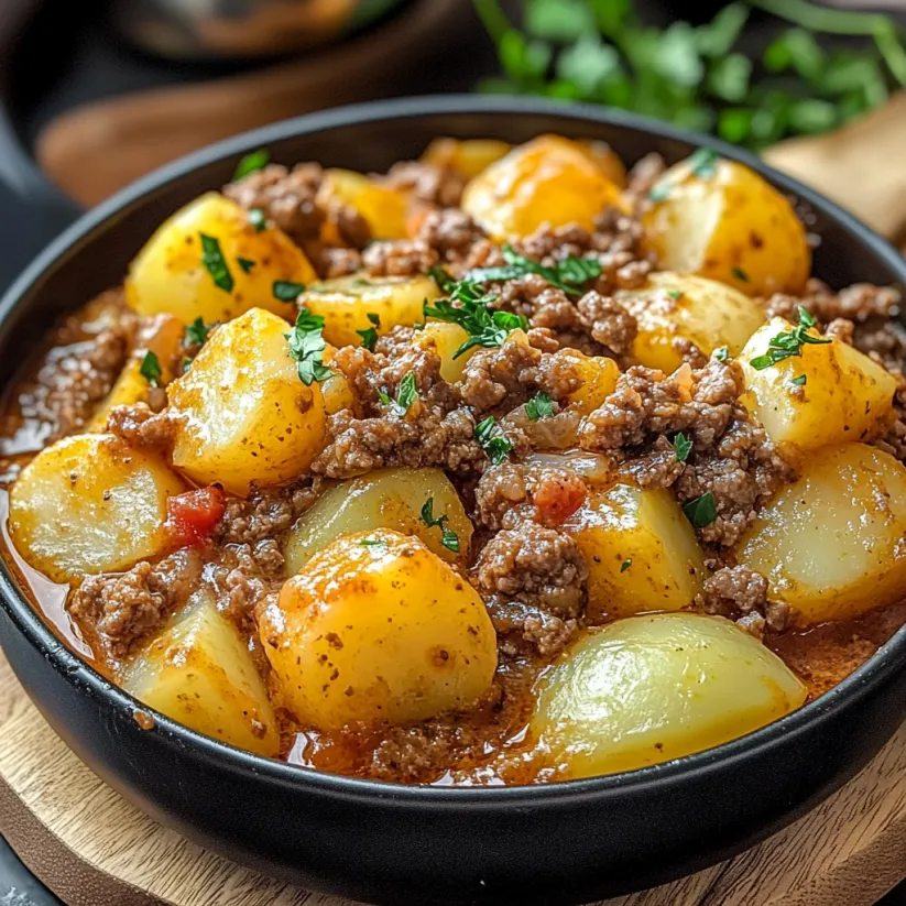 A bowl of ground beef and potatoes.