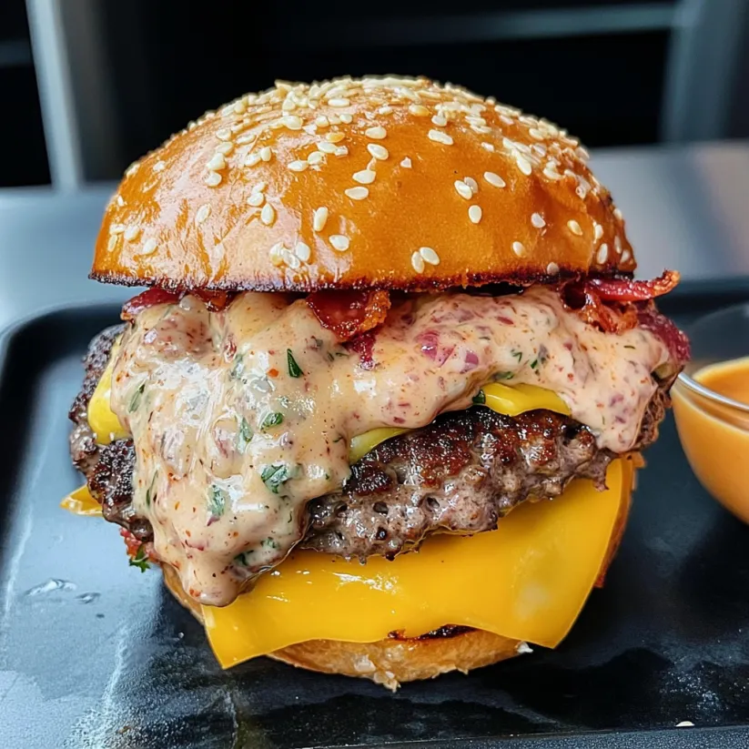 A close up of a burger with baconnaise sauce.