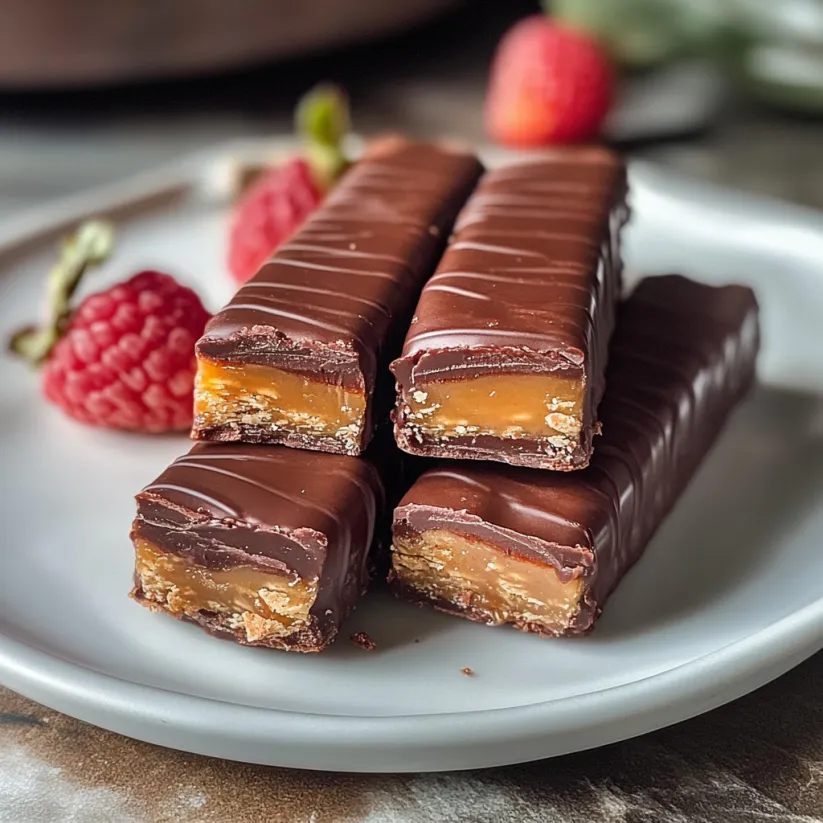 A plate with two chocolate bars and a raspberry.