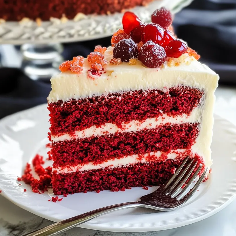 A slice of red velvet cake with white frosting and red berries.