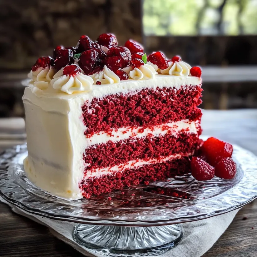 A slice of red velvet cake on a plate.